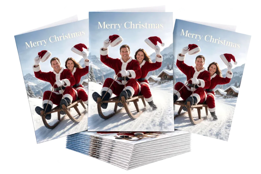 A pack of personalised Merry Christmas cards fanned out above a stack of the same card