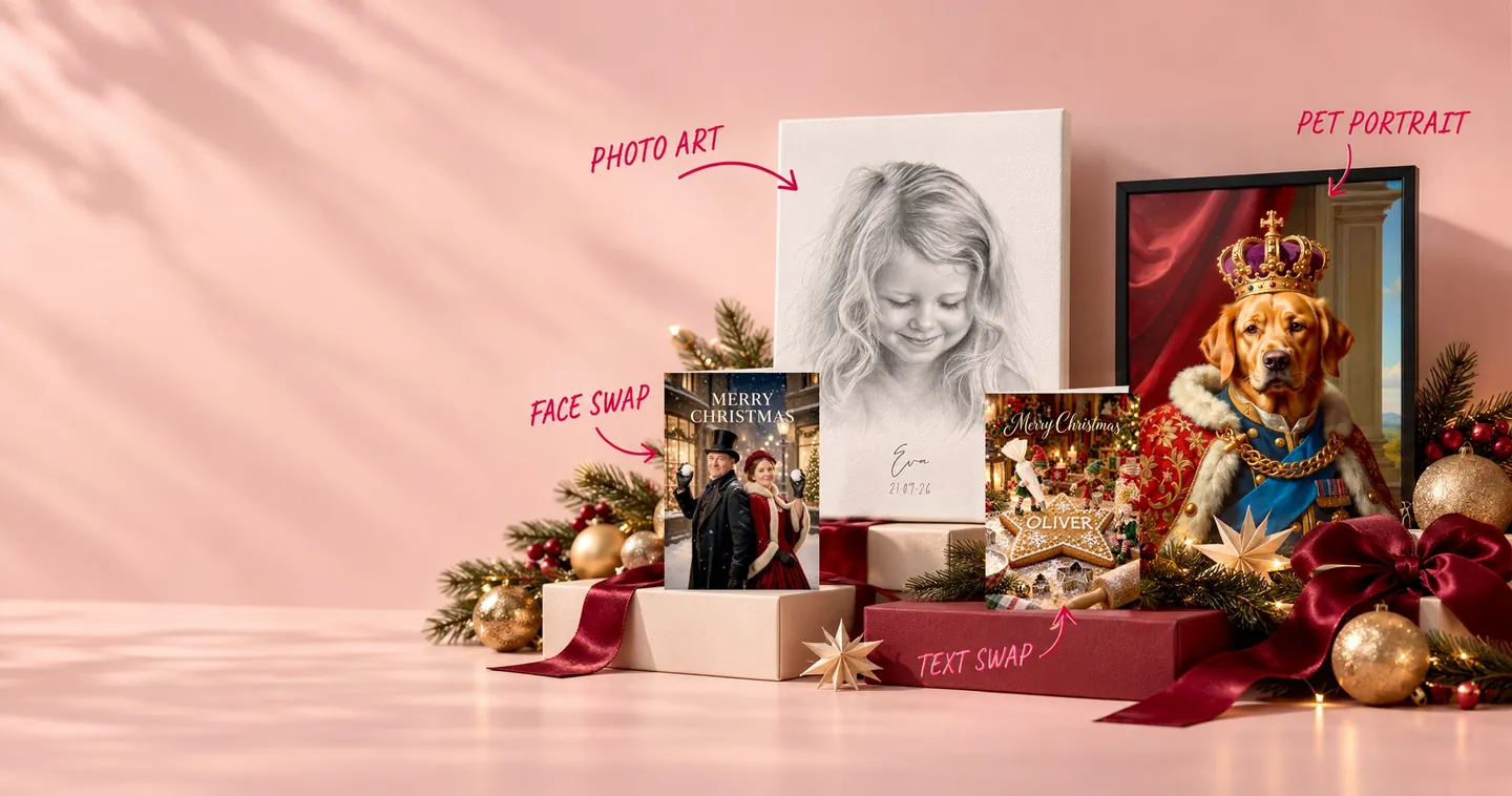 A Christmas face swap card, a pencil Photo art canvas of a little girl, an OLIVER gingerbread name card and a royal golden retriever pet portrait, wrapped with ribbon and baubles, with handwritten pink labels.