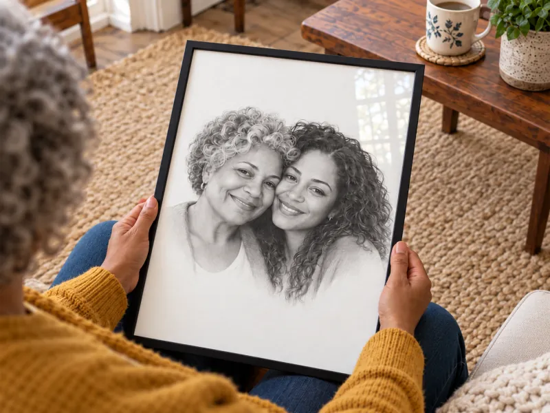 A woman holding a framed pencil portrait of herself and her daughter