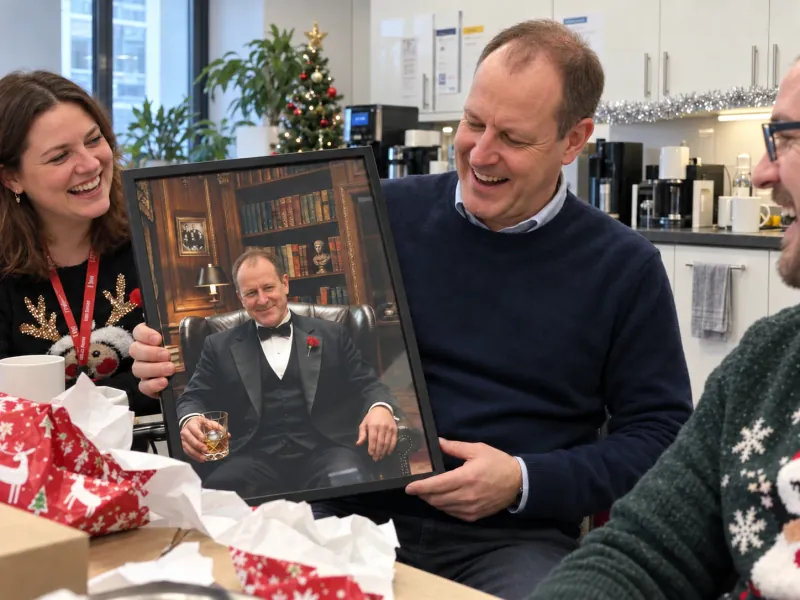 Office colleagues laughing as a man unwraps a framed portrait of himself in black tie