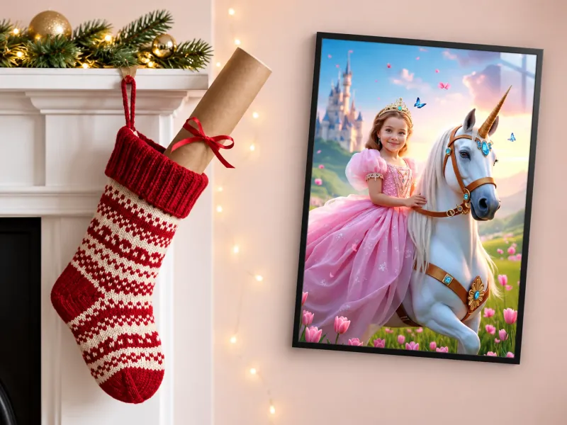 A rolled print in a Christmas stocking beside a framed portrait of a girl as a princess on a unicorn