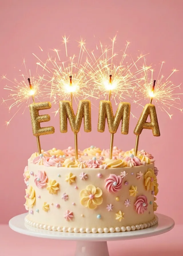 A birthday cake with sparkling gold letters spelling EMMA