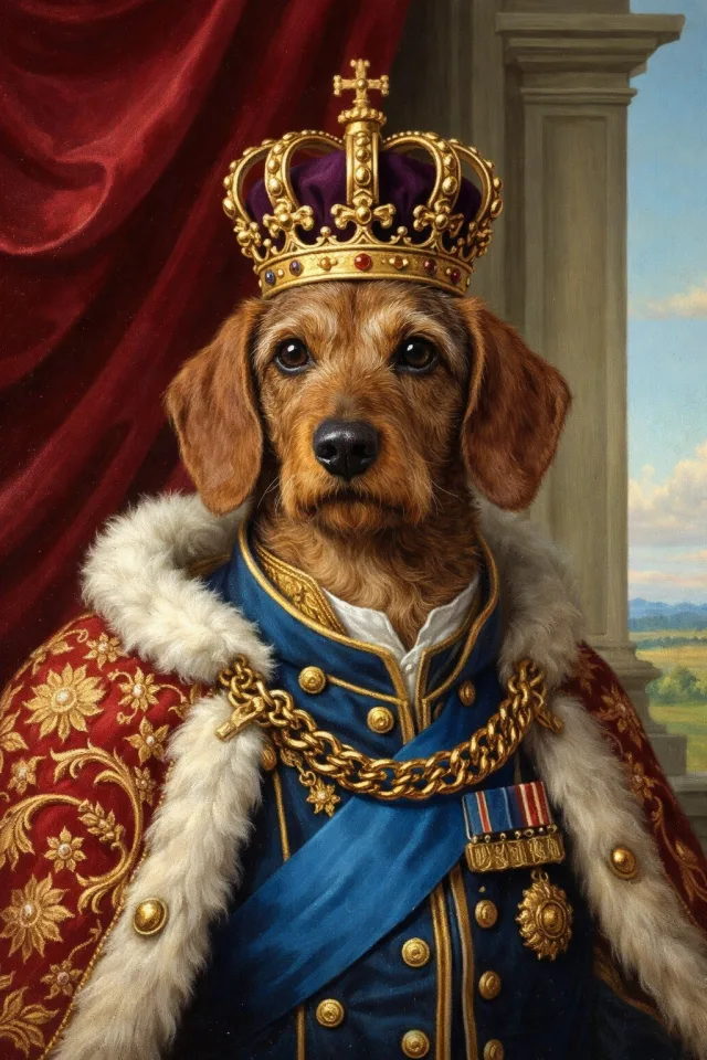 A dachshund wearing a crown and royal robes