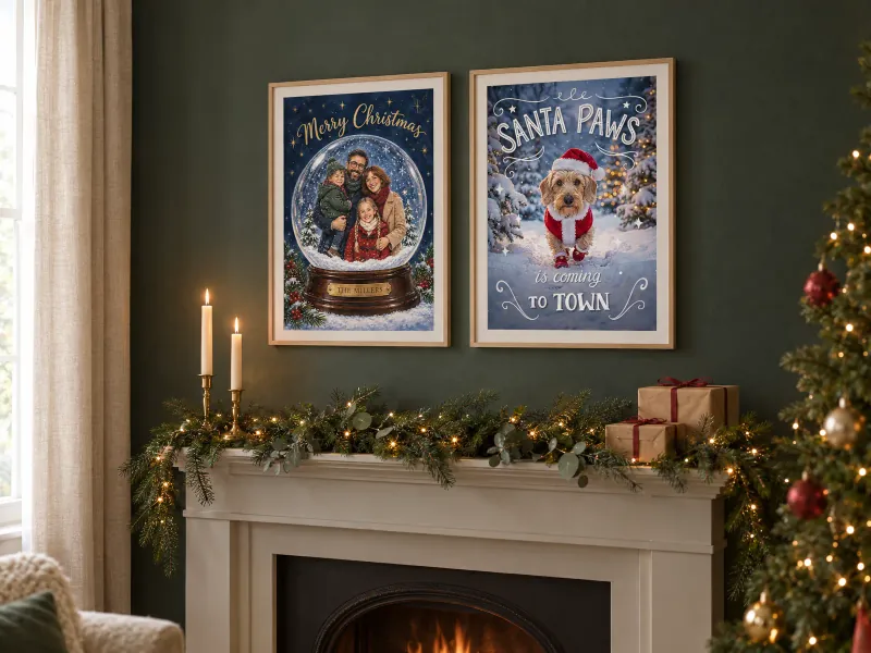 Living room with a snow globe family portrait and a Santa Paws dog print in oak frames above a fireplace dressed with a pine garland