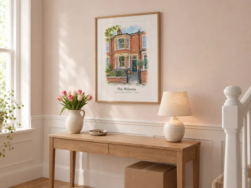Hallway with a framed watercolour portrait of a red-brick house above a console table with tulips and house keys