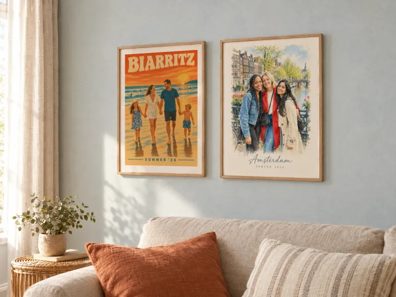 Living room with a retro Biarritz family beach poster and an Amsterdam watercolour of three friends in oak frames above a linen sofa