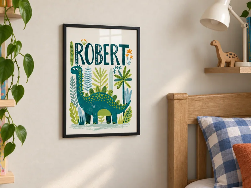 A black-framed Robert dinosaur name print above an oak bed with blue checked bedding.