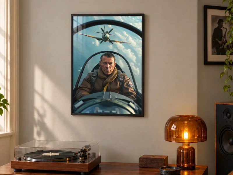 A black-framed vintage fighter-pilot portrait on a neutral wall, above a walnut turntable and beside an amber lamp.