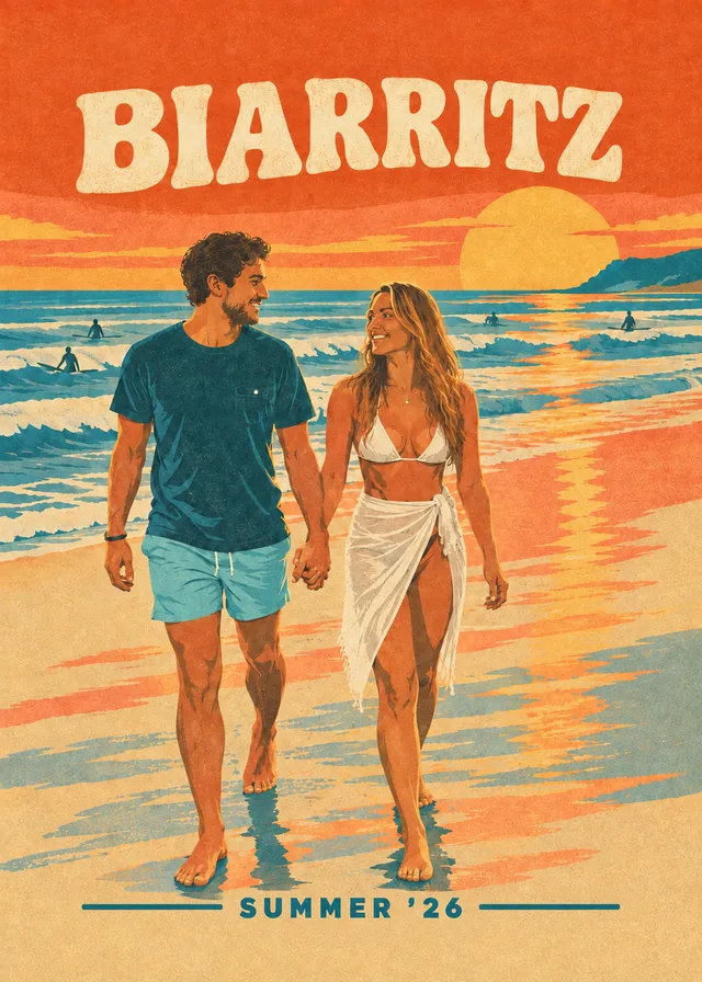The beach photograph redrawn as a Biarritz surf poster
