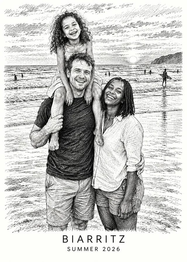 The family photo redrawn as a pen and ink sketch