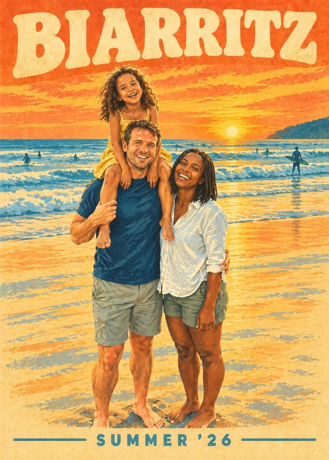 The family photo redrawn as a retro surf poster