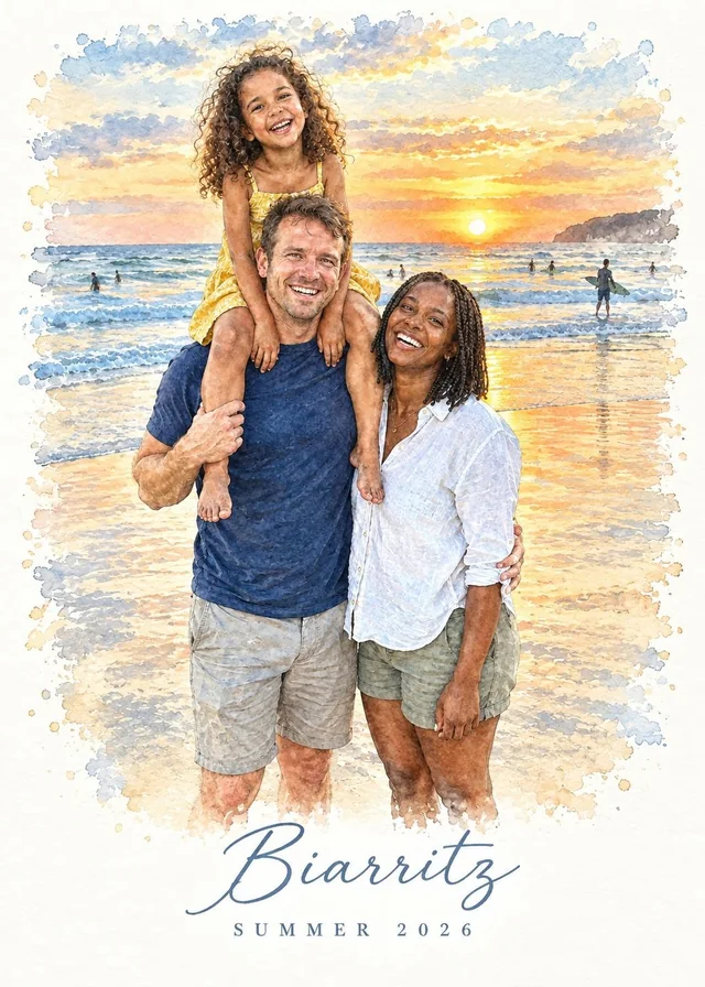 The family photo redrawn as a loose watercolour sketch