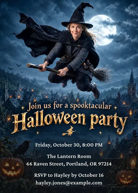 A Halloween party invitation with a woman flying a broomstick past the moon, the party details printed below