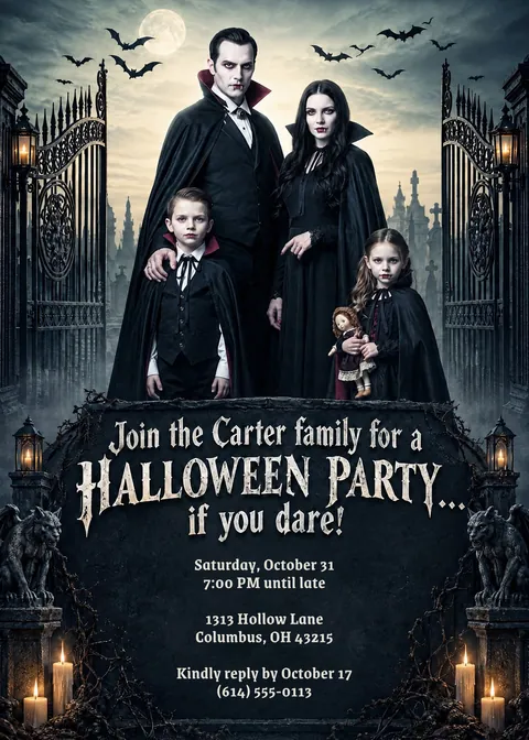 A Halloween party invitation with a family of four dressed as vampires at a cemetery gate, the party details printed below