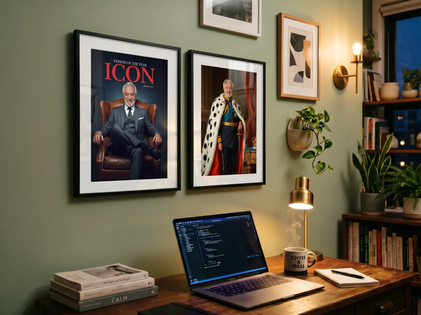 Two personalized portraits in black frames above a home office desk