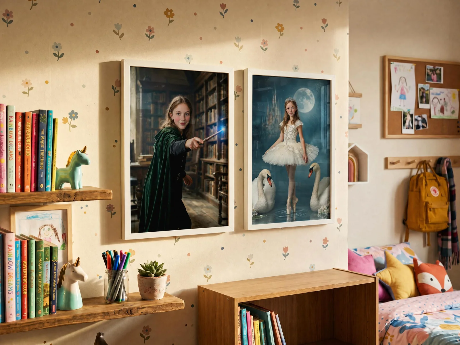 Playful kids bedroom with two personalized fantasy portraits