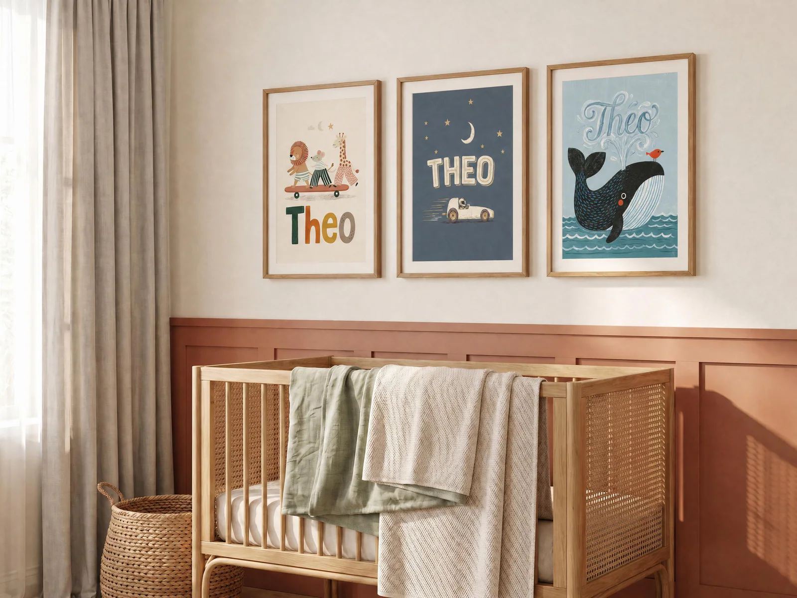 Warm nursery with three personalized prints above a cot