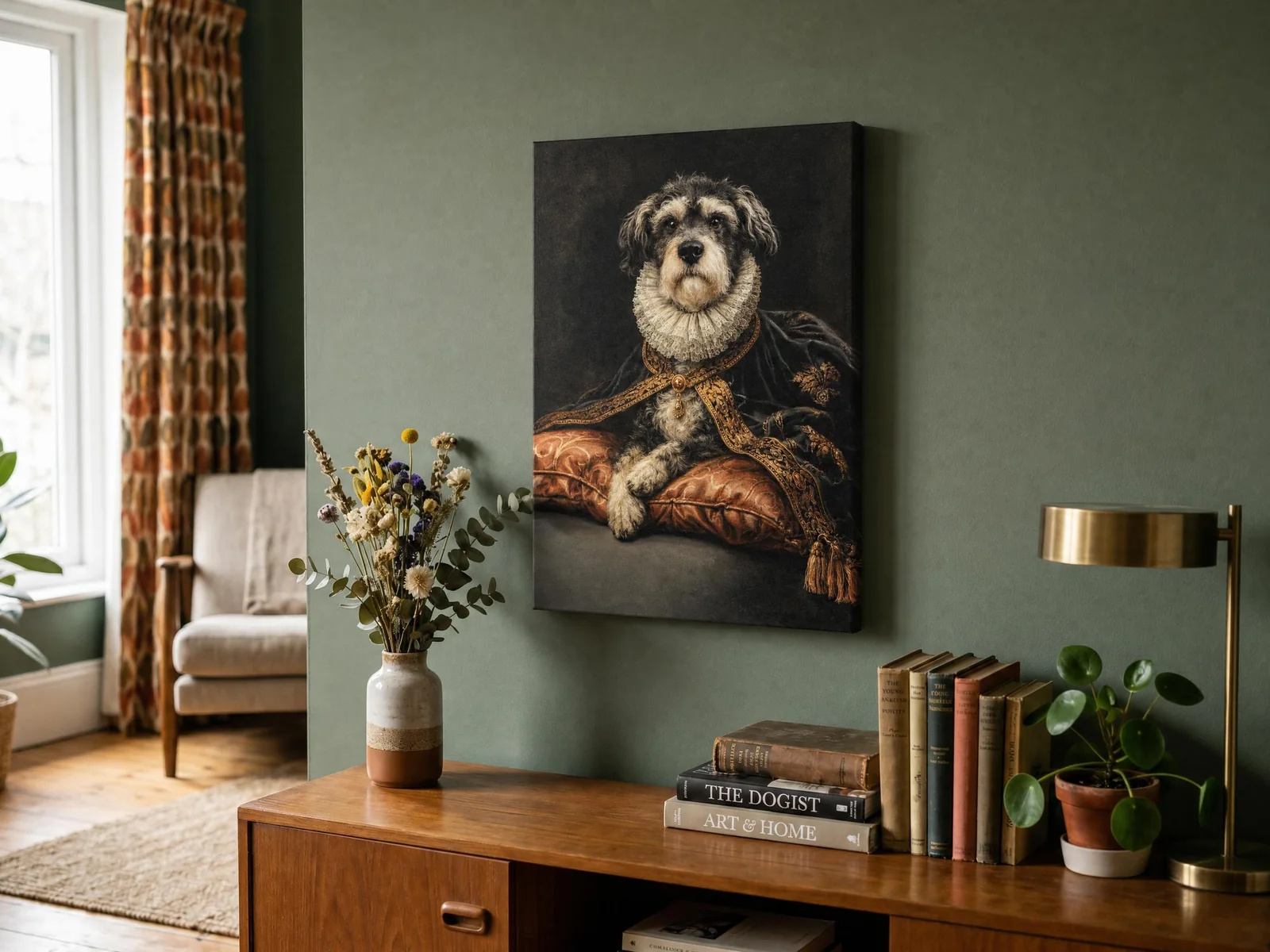 Regal personalized dog portrait displayed on canvas in a living room