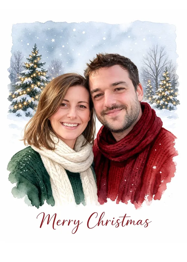 Christmas Watercolour Couple Portrait