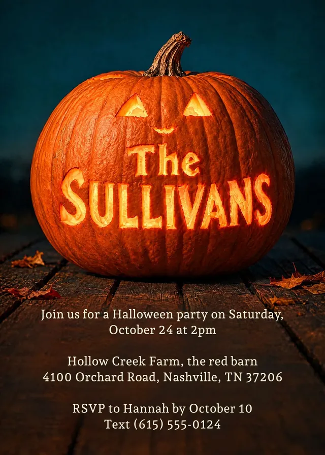 Glowing Name Jack-O-Lantern invitation