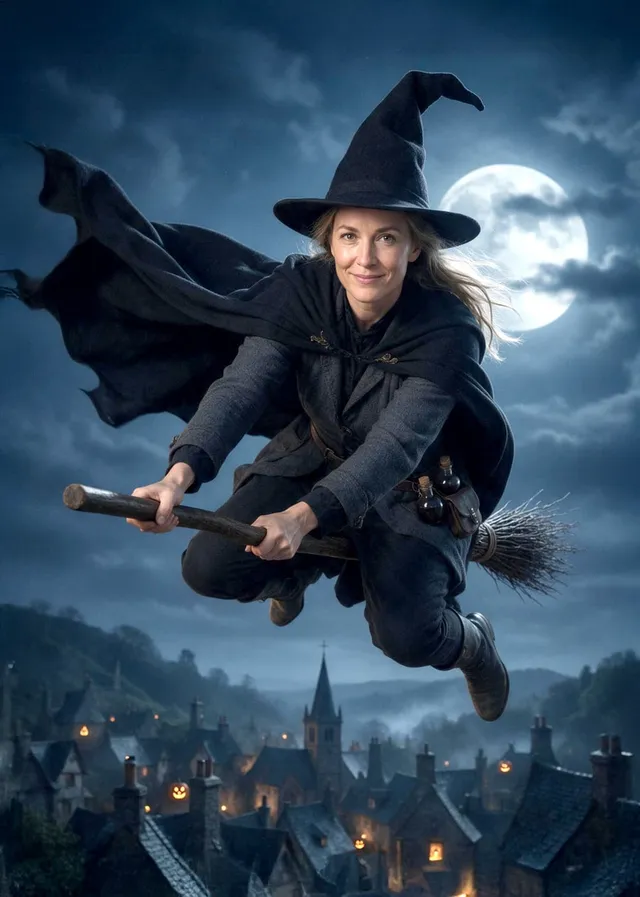 Moonlit Witch Broomstick Flight