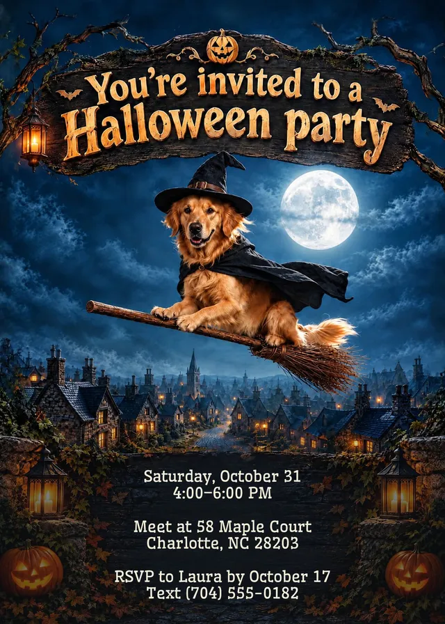 Spooky Moonlight Broomstick Ride invitation