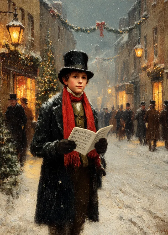 Victorian Caroler Snowy Street